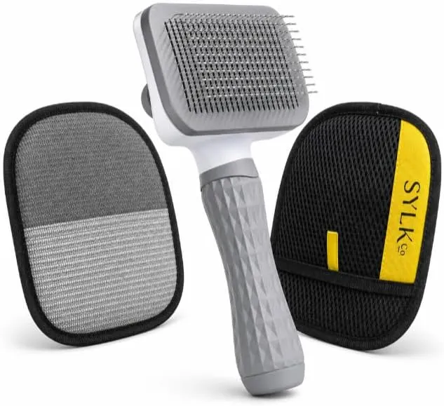 Dog & Cat Grooming Kit, Reusable Deshedding Glove + Self-Cleaning Grooming Brush (Gray)