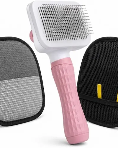 Dog & Cat Grooming Kit, Reusable Deshedding Glove + Self-Cleaning Grooming Brush, Pink