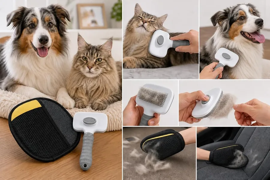 Dog & Cat Grooming Kit, Reusable Deshedding Glove + Self-Cleaning Grooming Brush (Gray), photo 2
