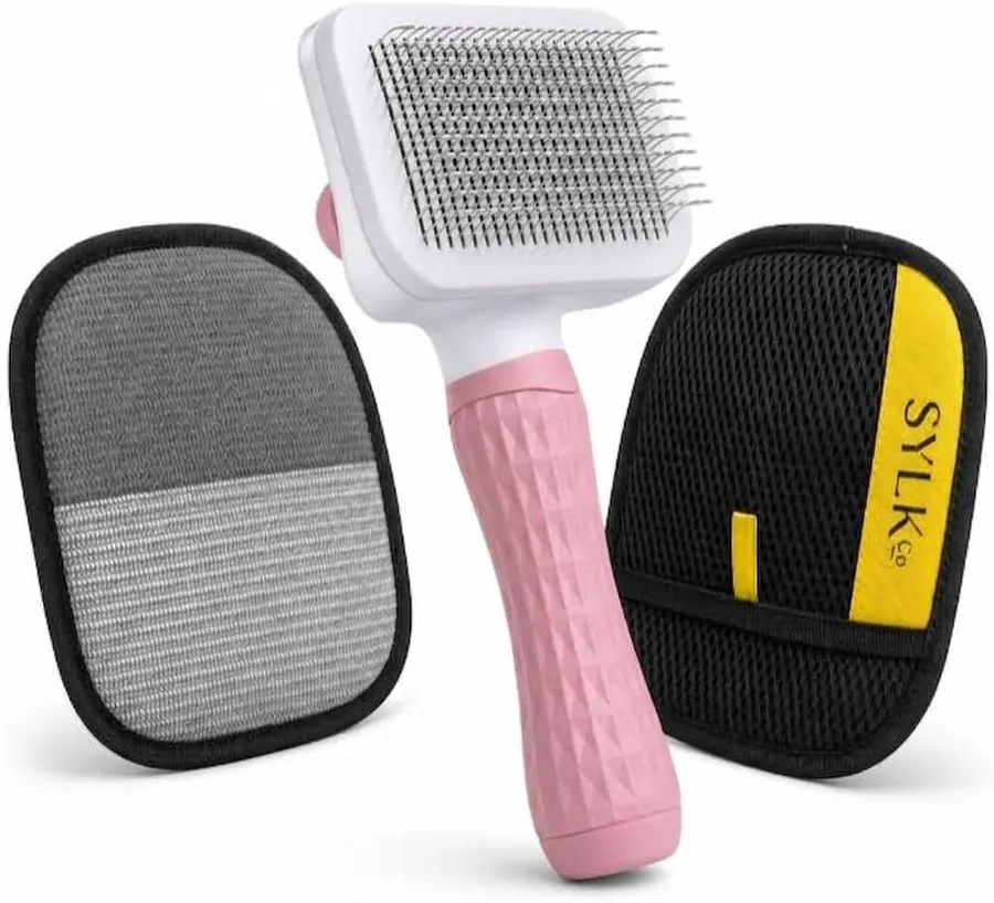 Dog & Cat Grooming Kit, Reusable Deshedding Glove + Self-Cleaning Grooming Brush, Pink