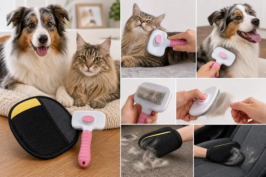Dog & Cat Grooming Kit, Reusable Deshedding Glove + Self-Cleaning Grooming Brush, Pink, photo 2