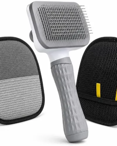 Dog & Cat Grooming Kit, Reusable Deshedding Glove + Self-Cleaning Grooming Brush (Gray)
