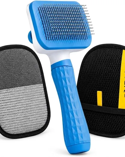 Dog & Cat Grooming Kit, Reusable Deshedding Glove + Self-Cleaning Grooming Brush – Blue